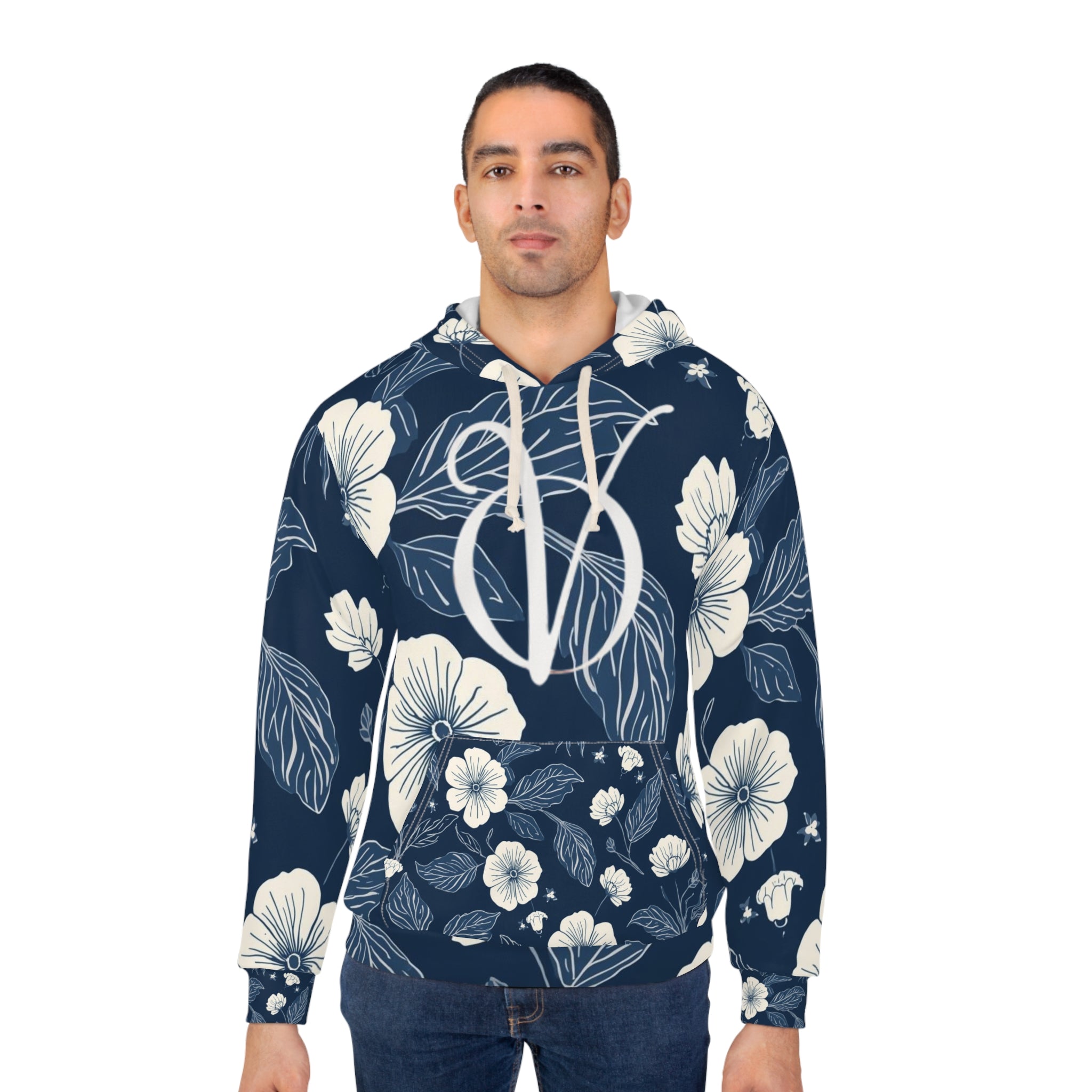 Floral Navy All-Over Print Hoodie — Vintage White Blossom Pullover