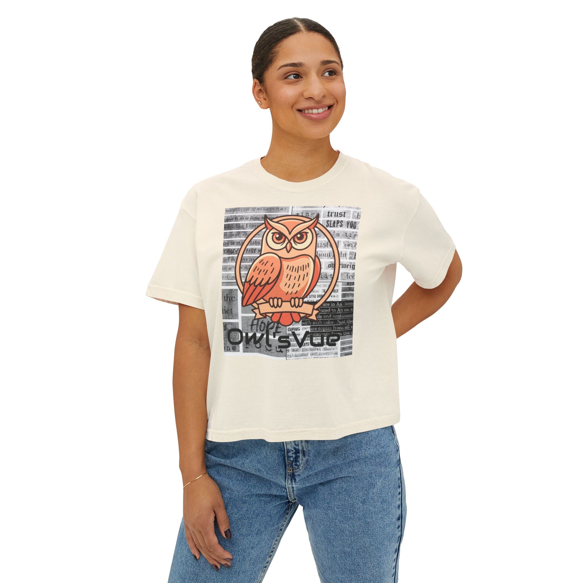 Owl Squad Graphic Tee — Retro Orange Owl Boxy Shirt