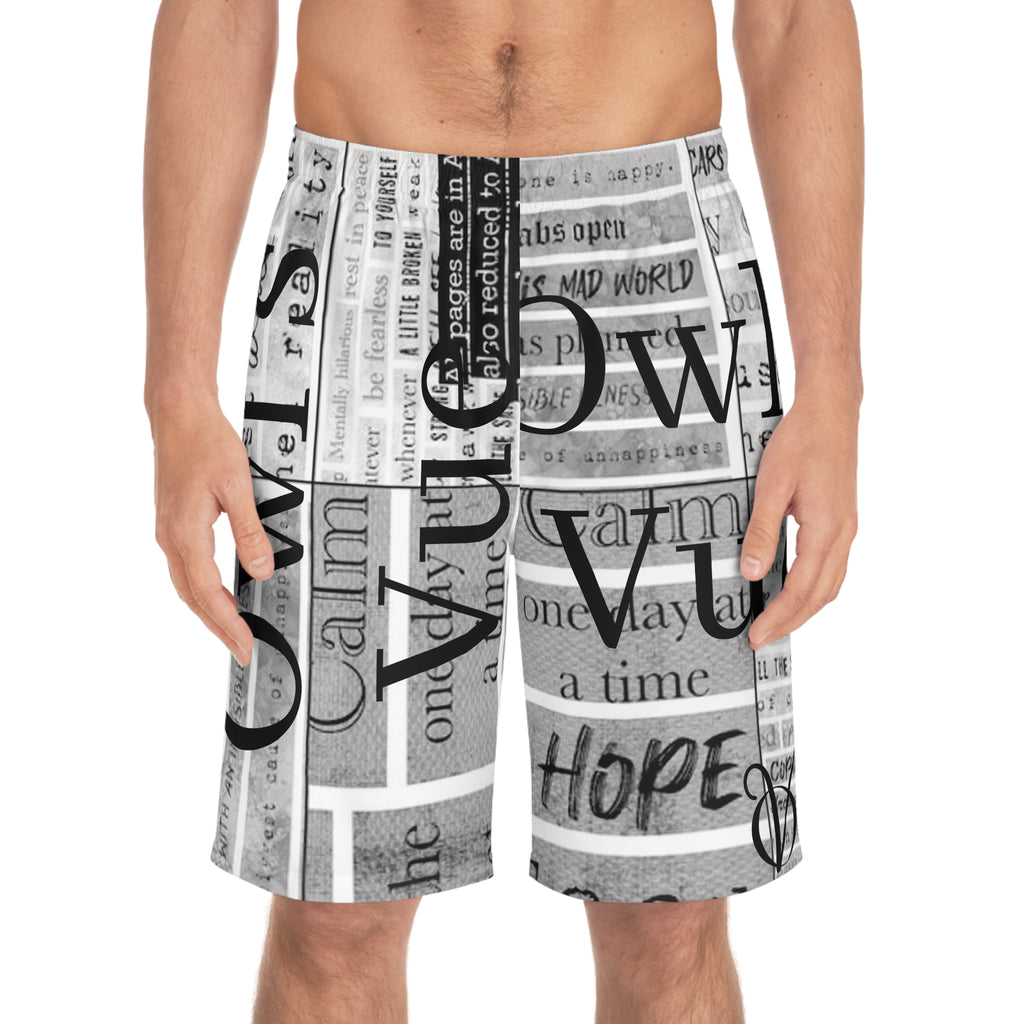Typographic Newsprint Men's Board Shorts — Black & White Collage "Hope" Design