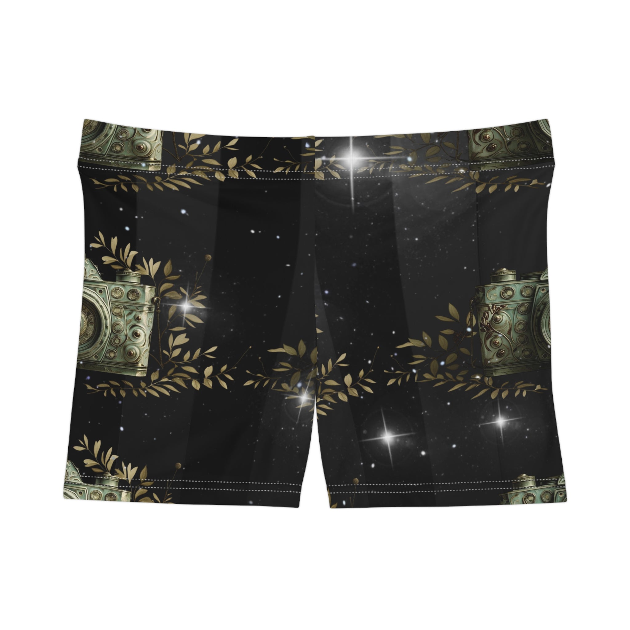 Vintage Camera Womens Shorts — Black Starry Floral Print