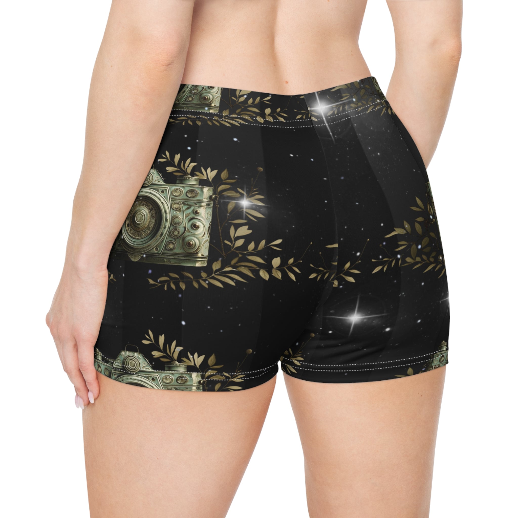 Vintage Camera Womens Shorts — Black Starry Floral Print