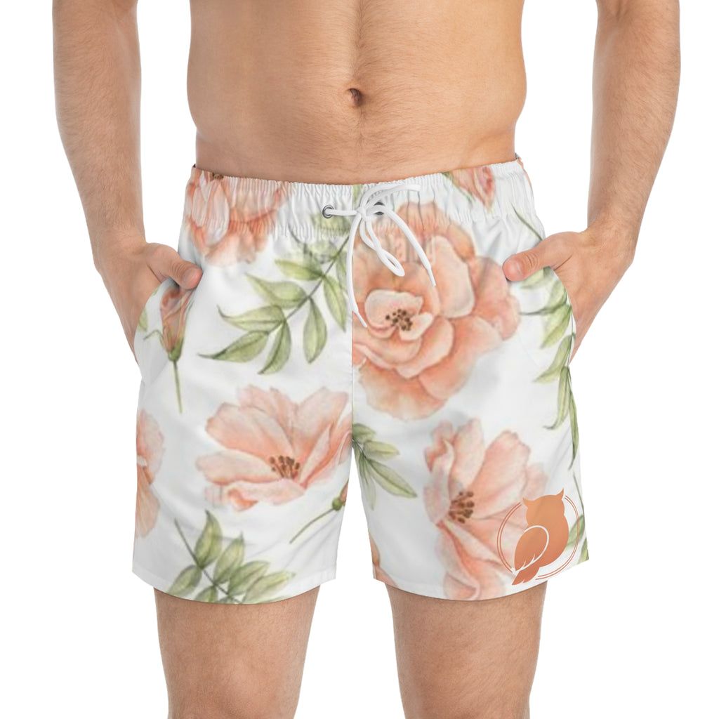 Floral Watercolor Swim Trunks — Peach Rose All-Over Print