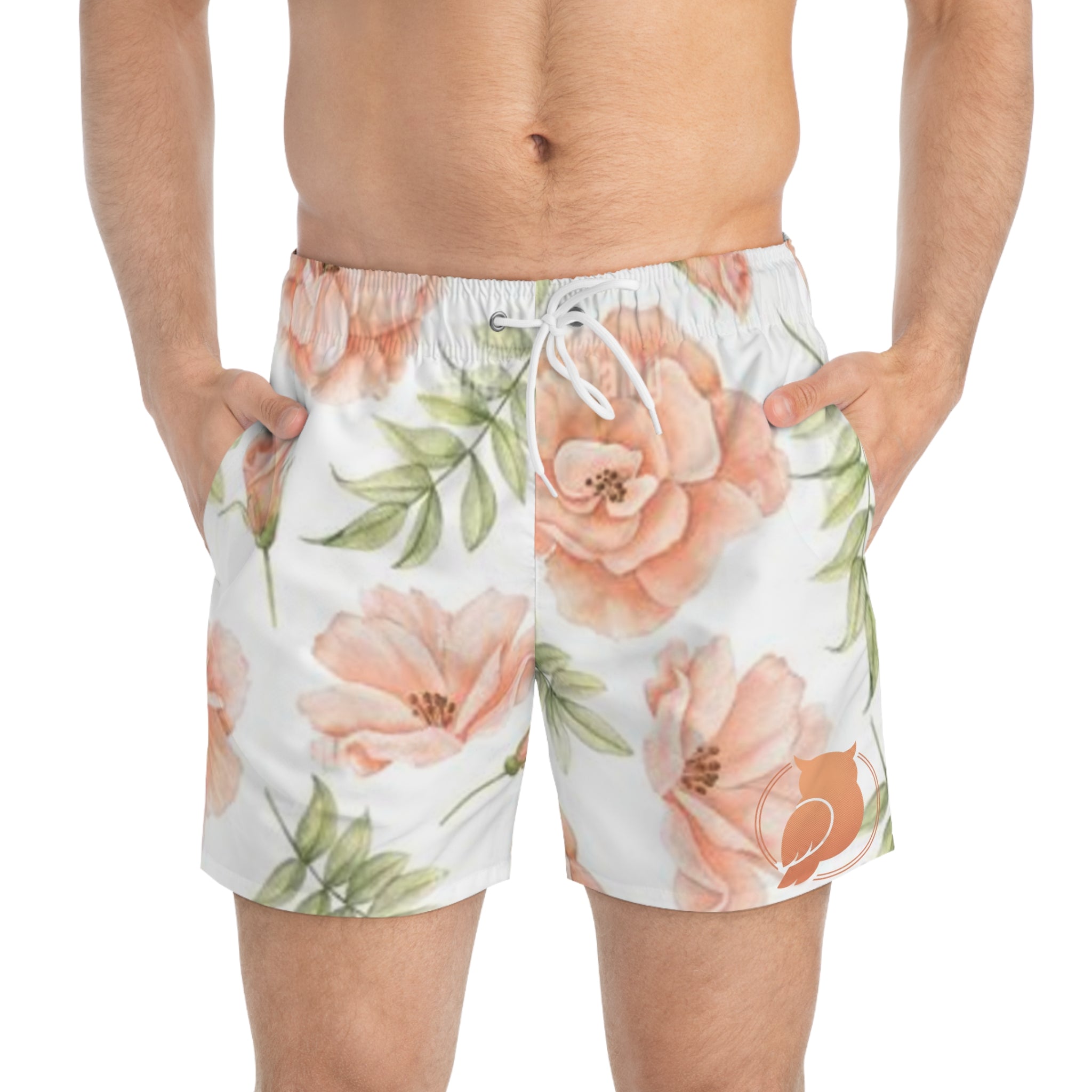 Floral Watercolor Swim Trunks — Peach Rose All-Over Print