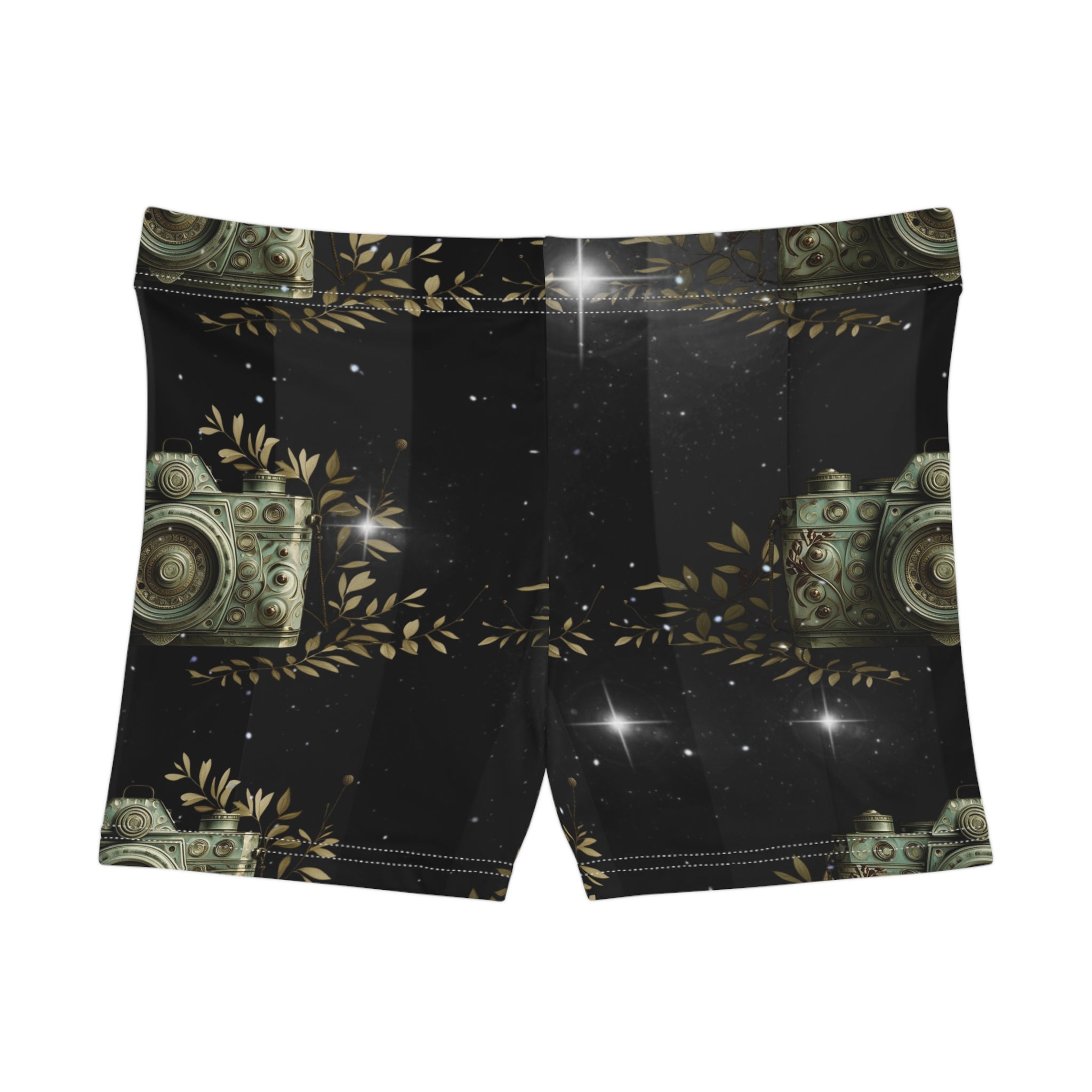 Vintage Camera Womens Shorts — Black Starry Floral Print
