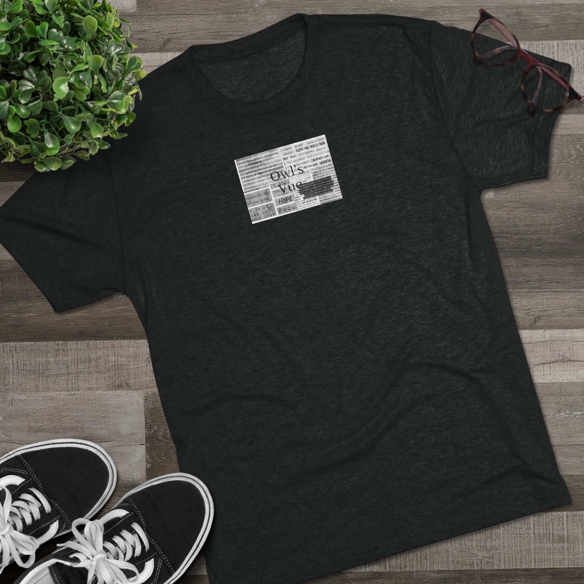 Owl's Vug Collage T‑Shirt — Motivational Newspaper Quote Graphic Tee