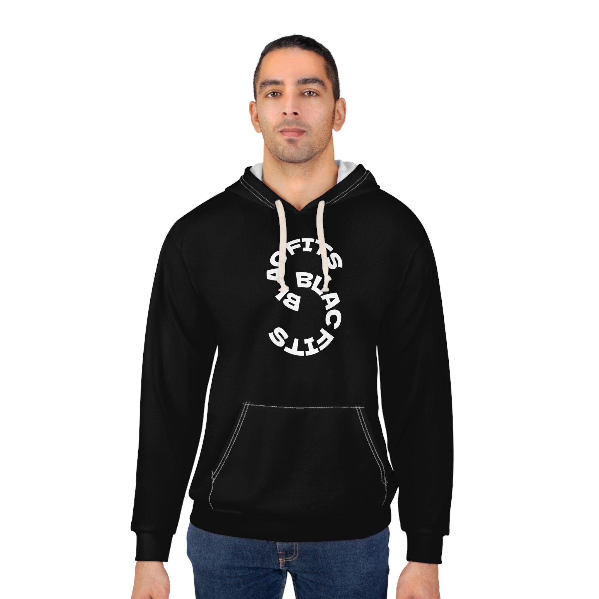 Black Fits Pullover Hoodie — Bold Graphic All-Over Print Streetwear