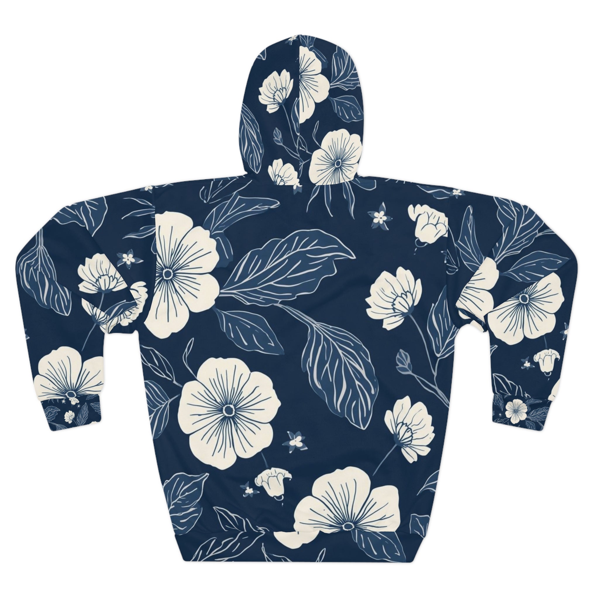 Floral Navy All-Over Print Hoodie — Vintage White Blossom Pullover