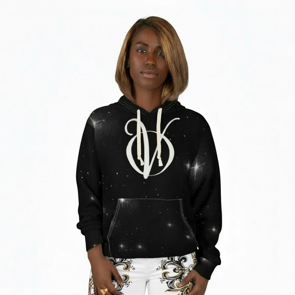 Galaxy Script Hoodie — Starry Black Pullover with Elegant Monogram