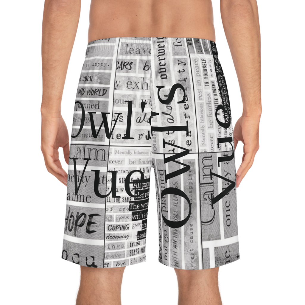 Typographic Newsprint Men's Board Shorts — Black & White Collage "Hope" Design