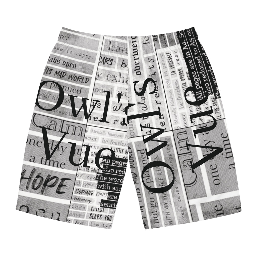 Typographic Newsprint Men's Board Shorts — Black & White Collage "Hope" Design