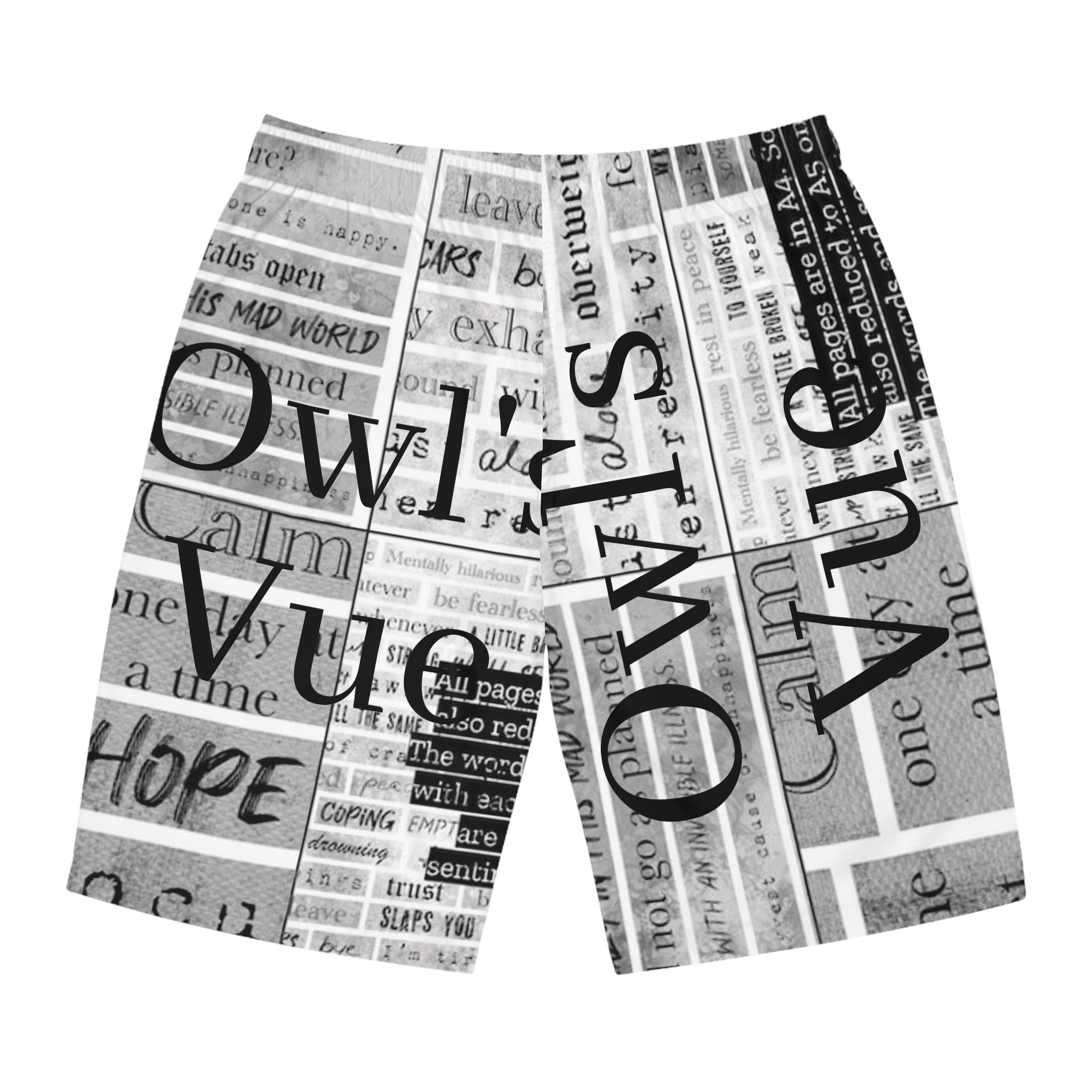 Typographic Newsprint Men's Board Shorts — Black & White Collage "Hope" Design