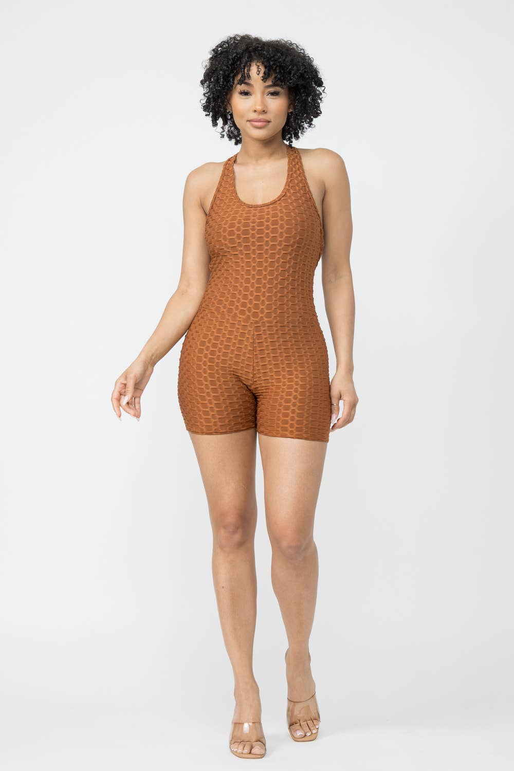 Honeycomb Jacquard Sleeveless Cross Back Romper