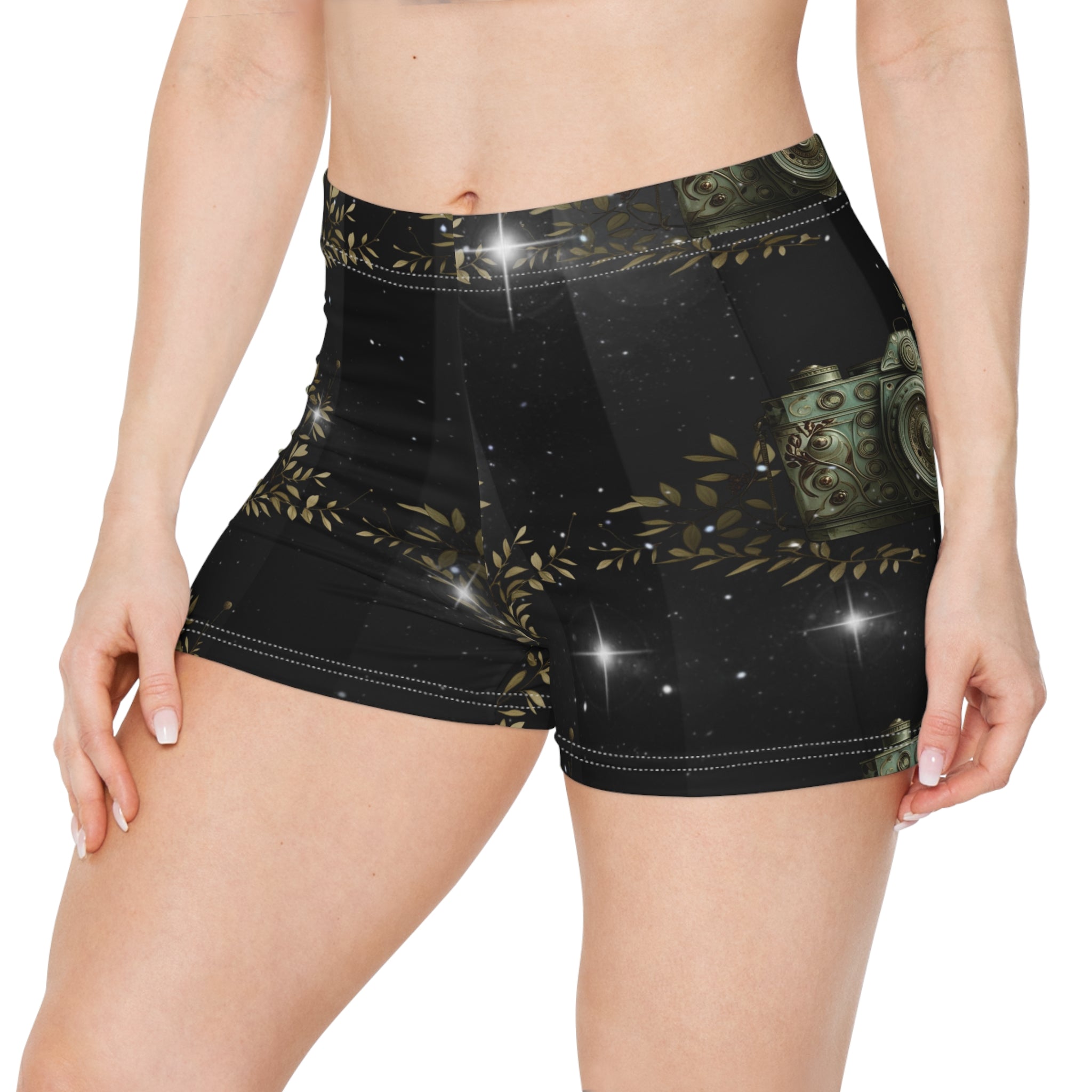 Vintage Camera Womens Shorts — Black Starry Floral Print