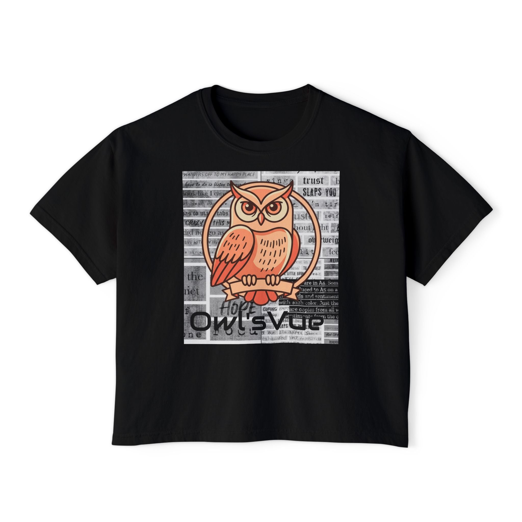 Owl Squad Graphic Tee — Retro Orange Owl Boxy Shirt