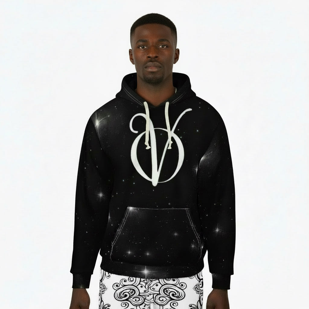 Galaxy Script Hoodie — Starry Black Pullover with Elegant Monogram