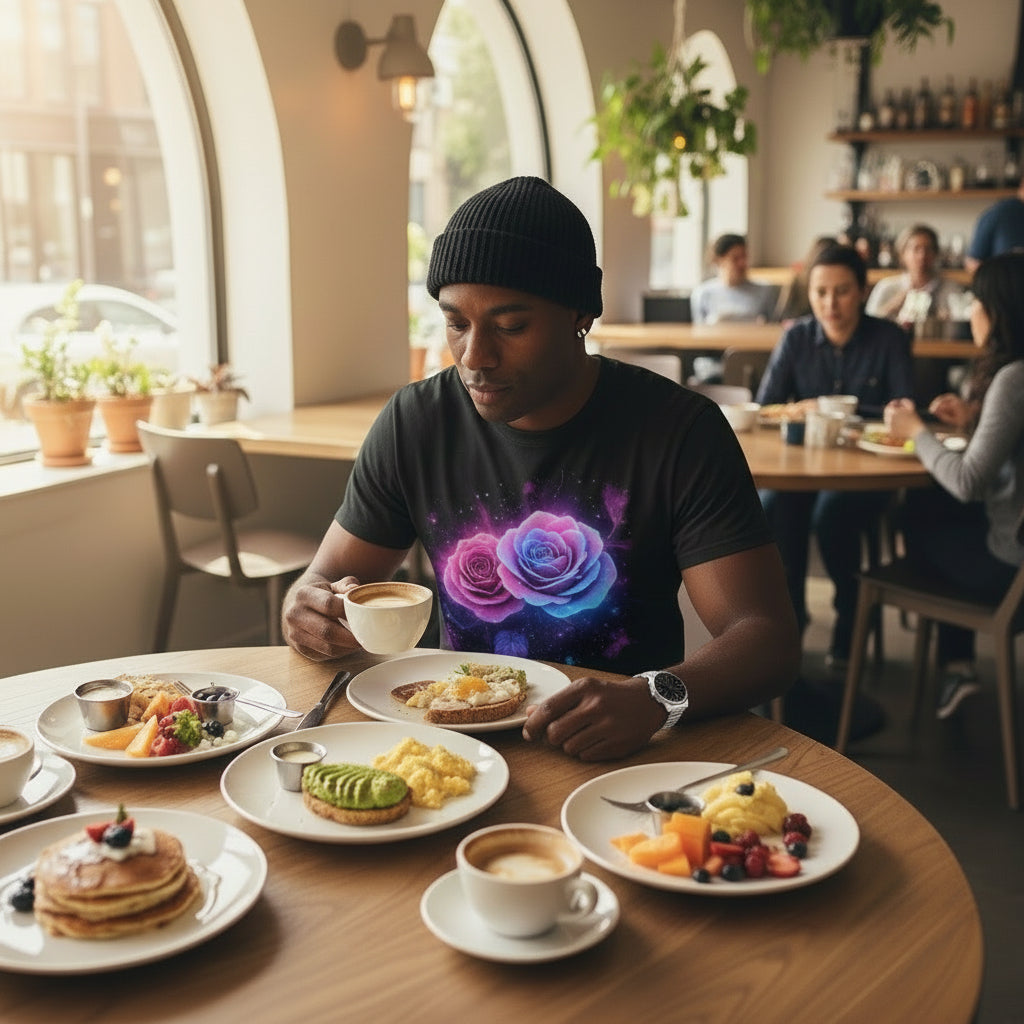 Floral Galaxy Tee — Purple & Blue Rose Graphic T-Shirt