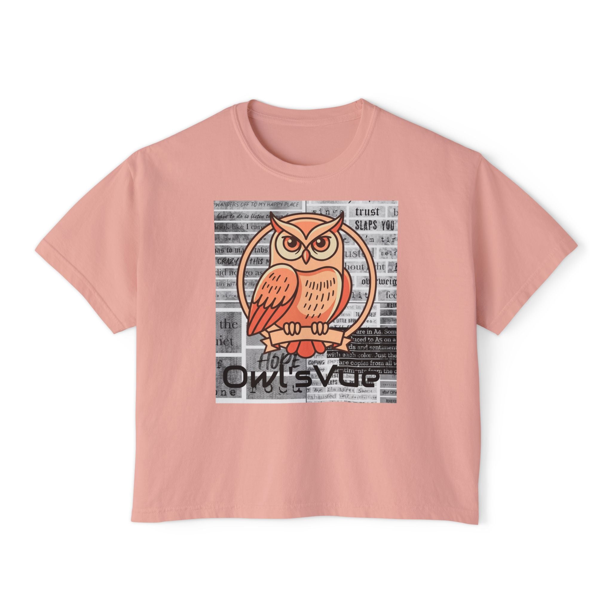 Owl Squad Graphic Tee — Retro Orange Owl Boxy Shirt