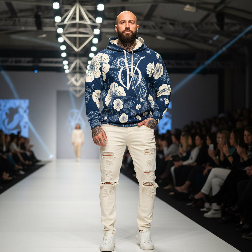Floral Navy All-Over Print Hoodie — Vintage White Blossom Pullover