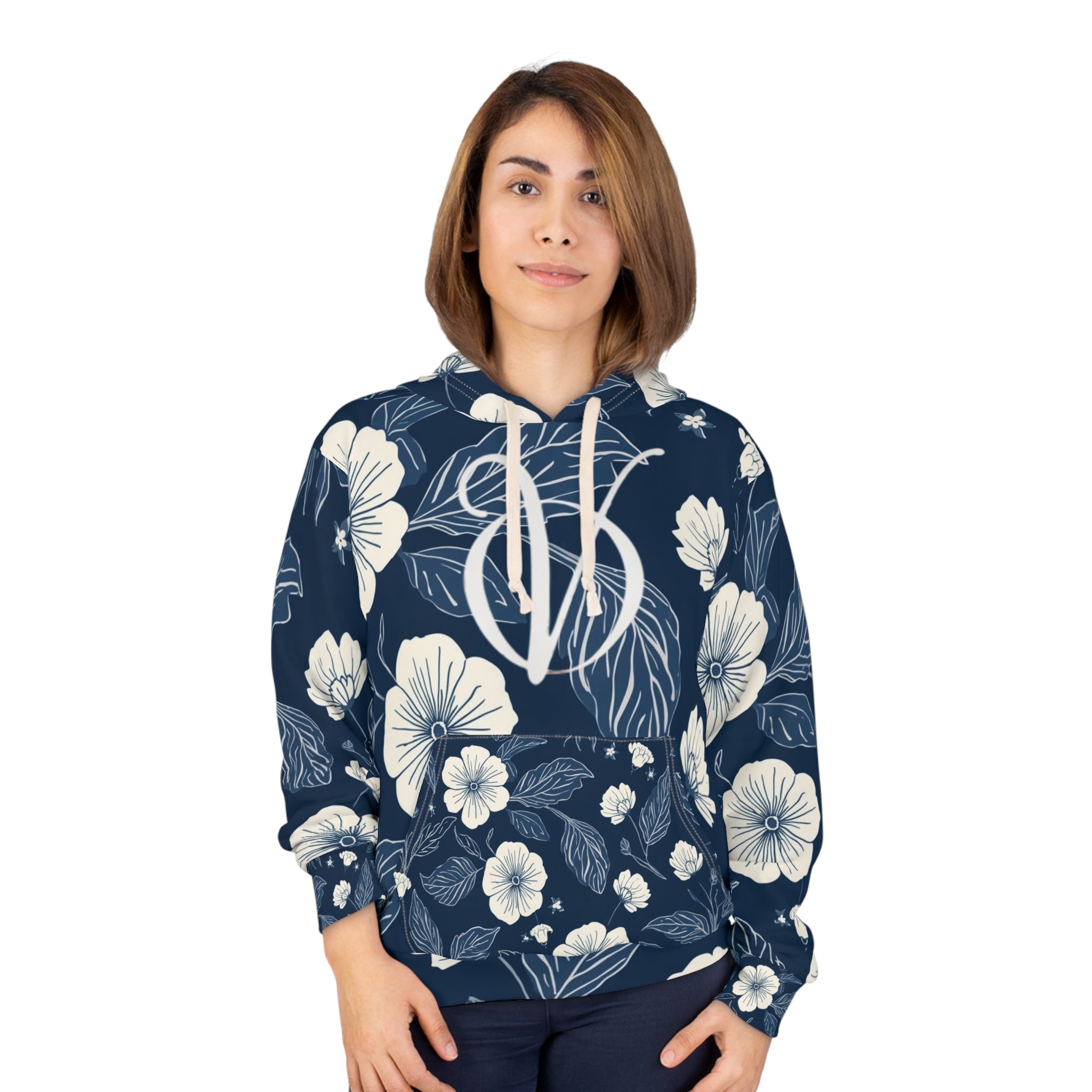 Floral Navy All-Over Print Hoodie — Vintage White Blossom Pullover