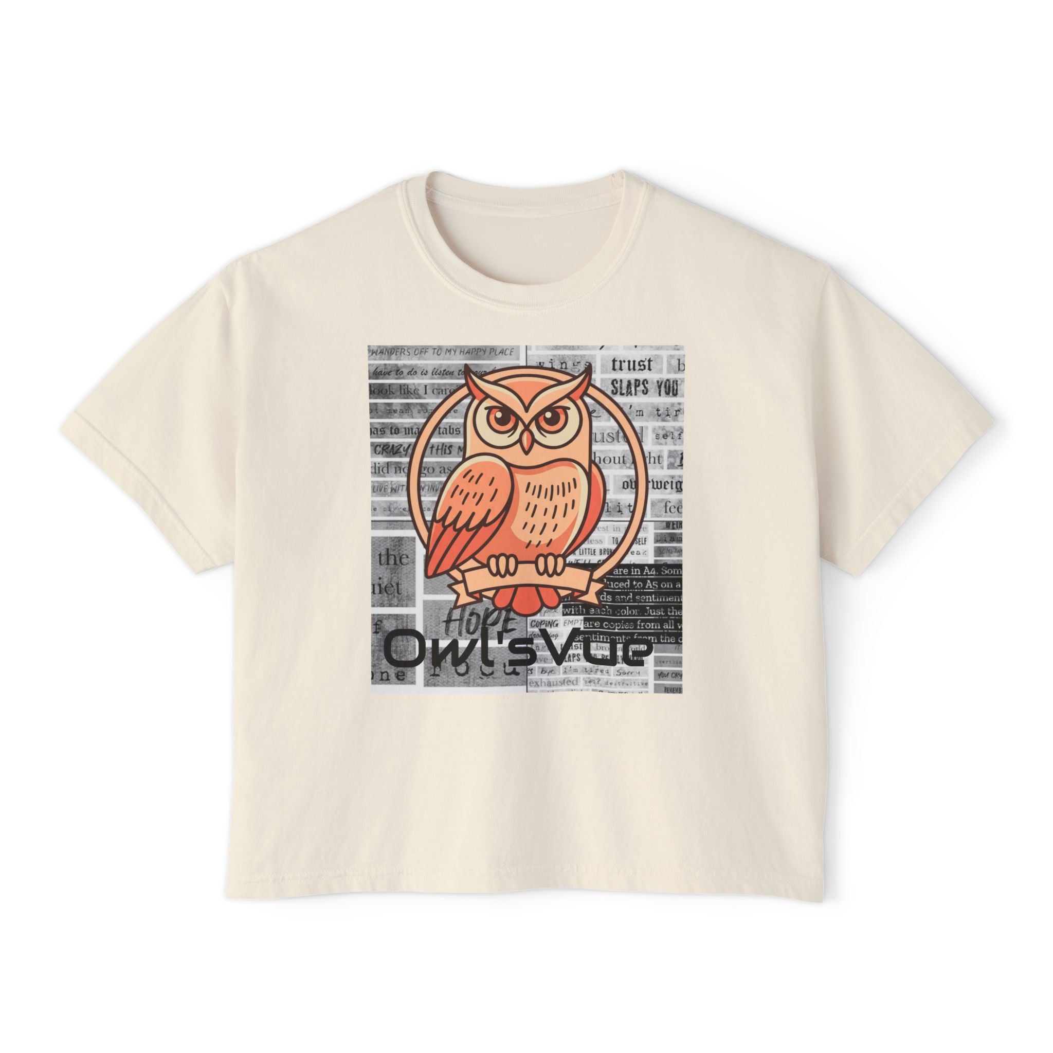Owl Squad Graphic Tee — Retro Orange Owl Boxy Shirt